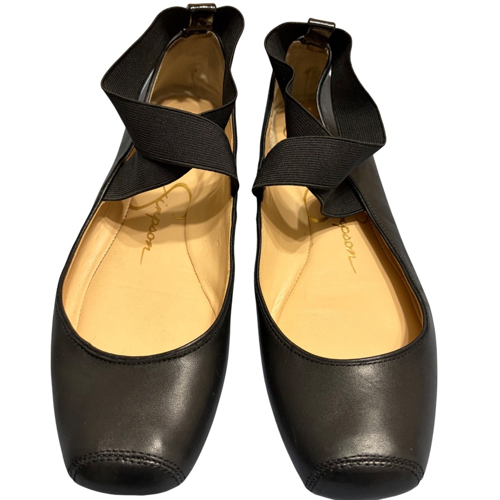 Jessica Simpson Black Leather Square Toe Ballet Flats Ankle Straps Womens 8M